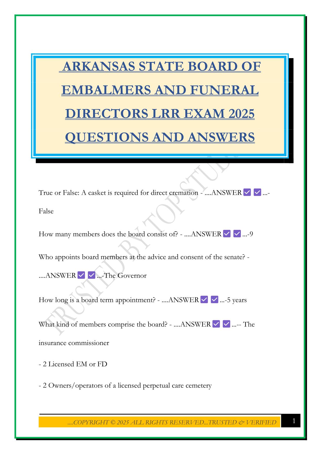 ARKANSAS STATE BOARD OF EMBALMERS AND FUNERAL DIRECTORS LRR EXAM 2025 QUESTIONS AND ANSWERS