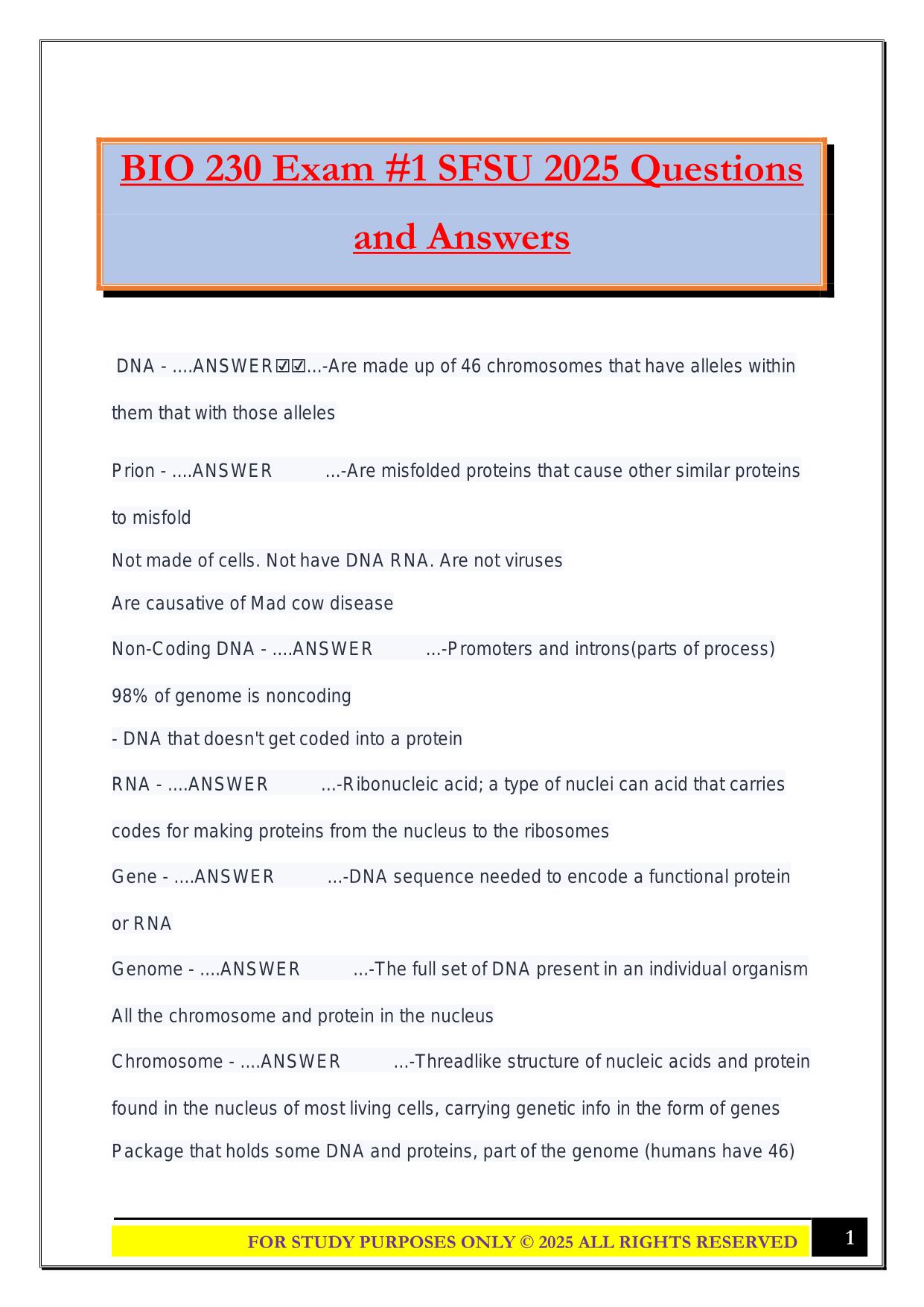 BIO 230 Exam #1 SFSU 2025 Questions and Answers