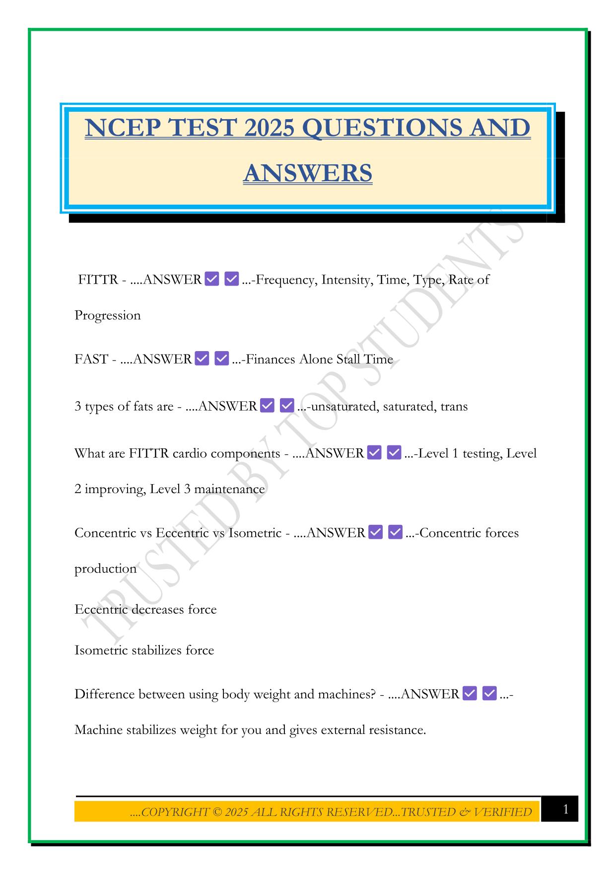 NCEP TEST 2025 QUESTIONS AND ANSWERS