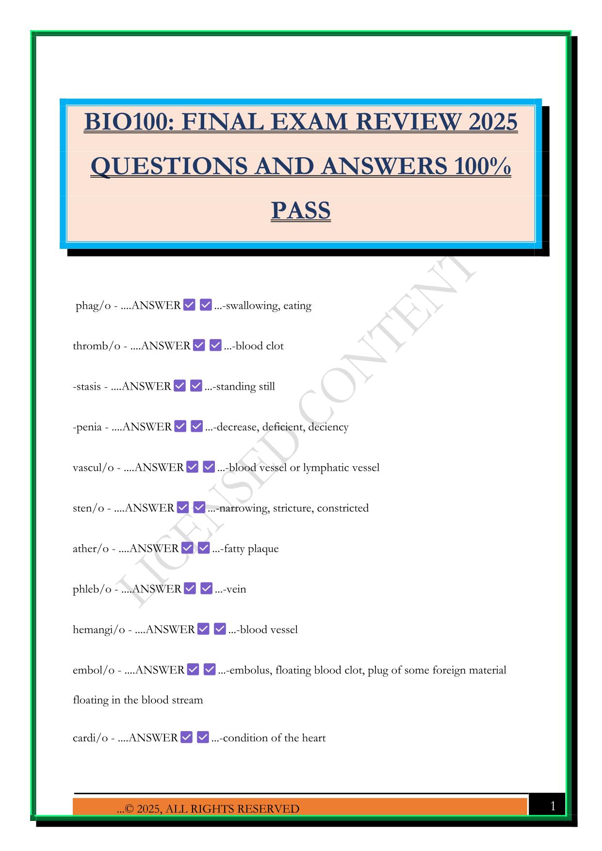 BIO100: FINAL EXAM REVIEW 2025 QUESTIONS AND ANSWERS 100% PASS