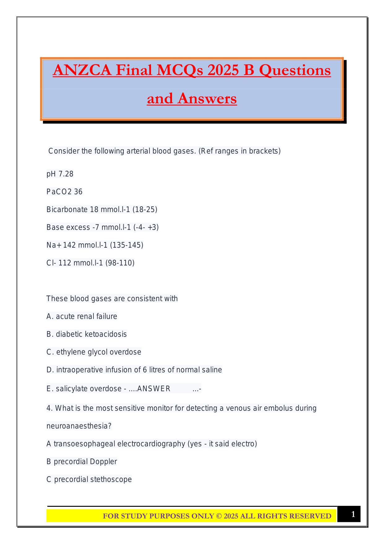ANZCA Final MCQs 2025 B Questions and Answers