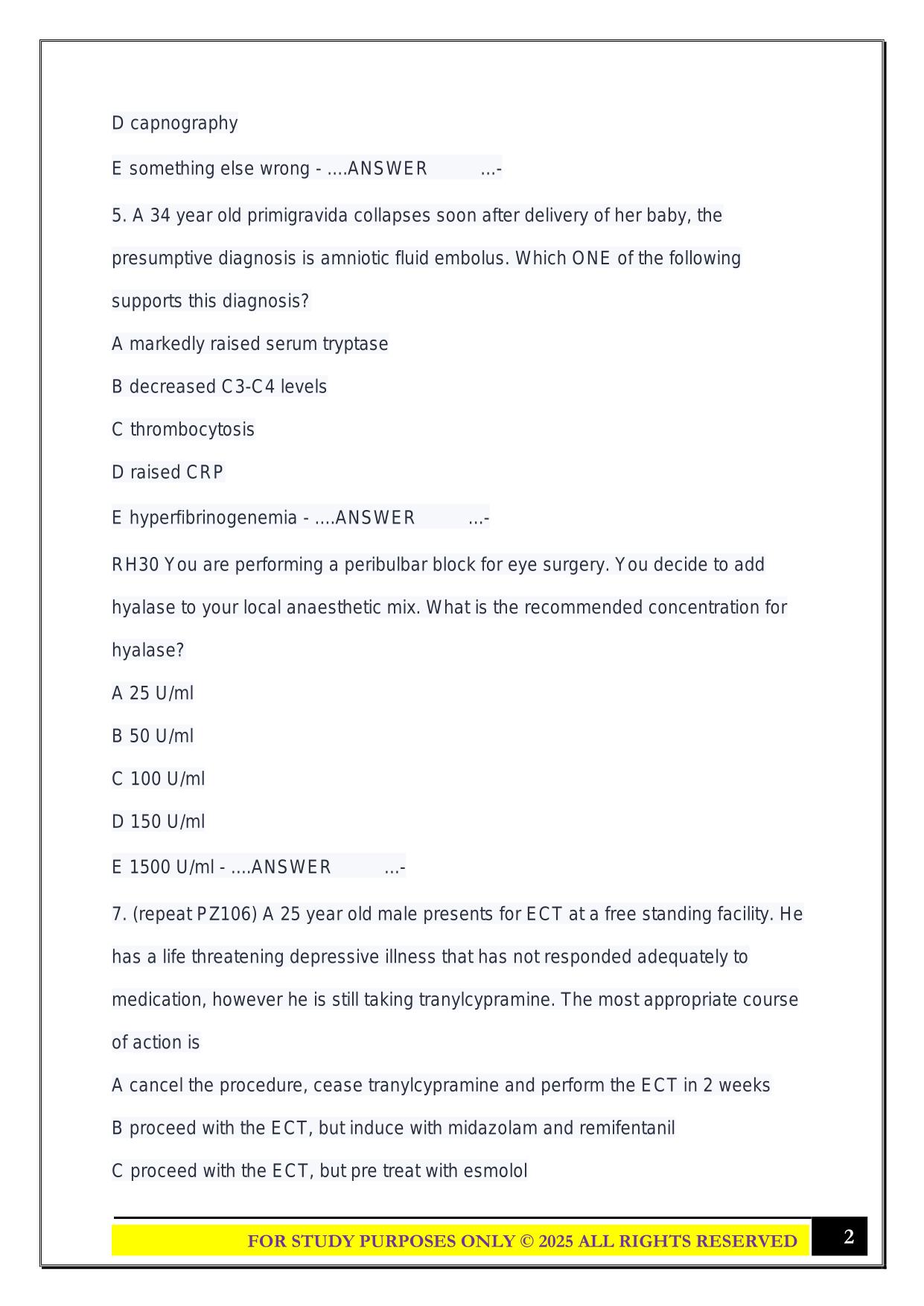 ANZCA Final MCQs 2025 B Questions and Answers