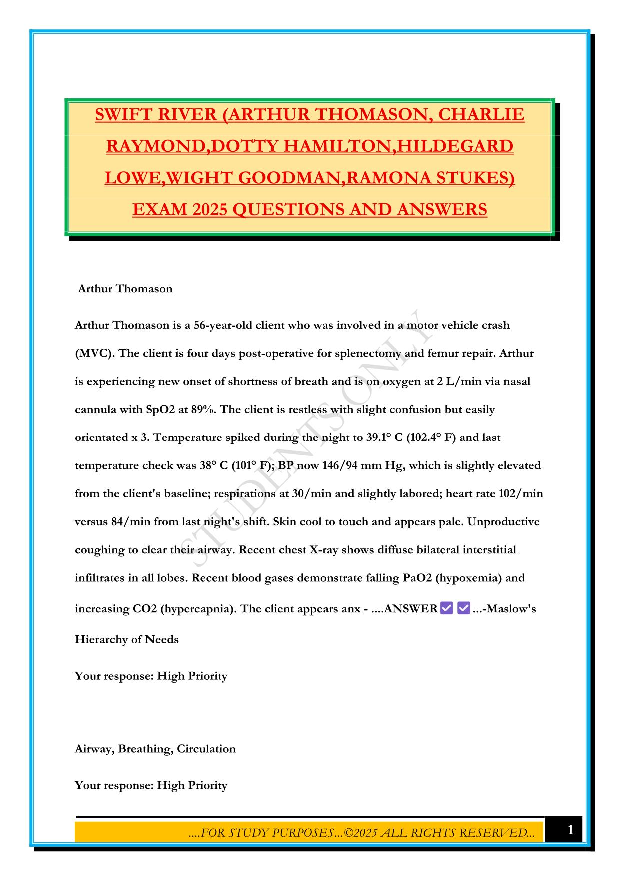 SWIFT RIVER (ARTHUR THOMASON, CHARLIE RAYMOND,DOTTY HAMILTON,HILDEGARD LOWE,WIGHT GOODMAN,RAMONA STUKES) EXAM 2025 QUESTIONS AND ANSWERS
