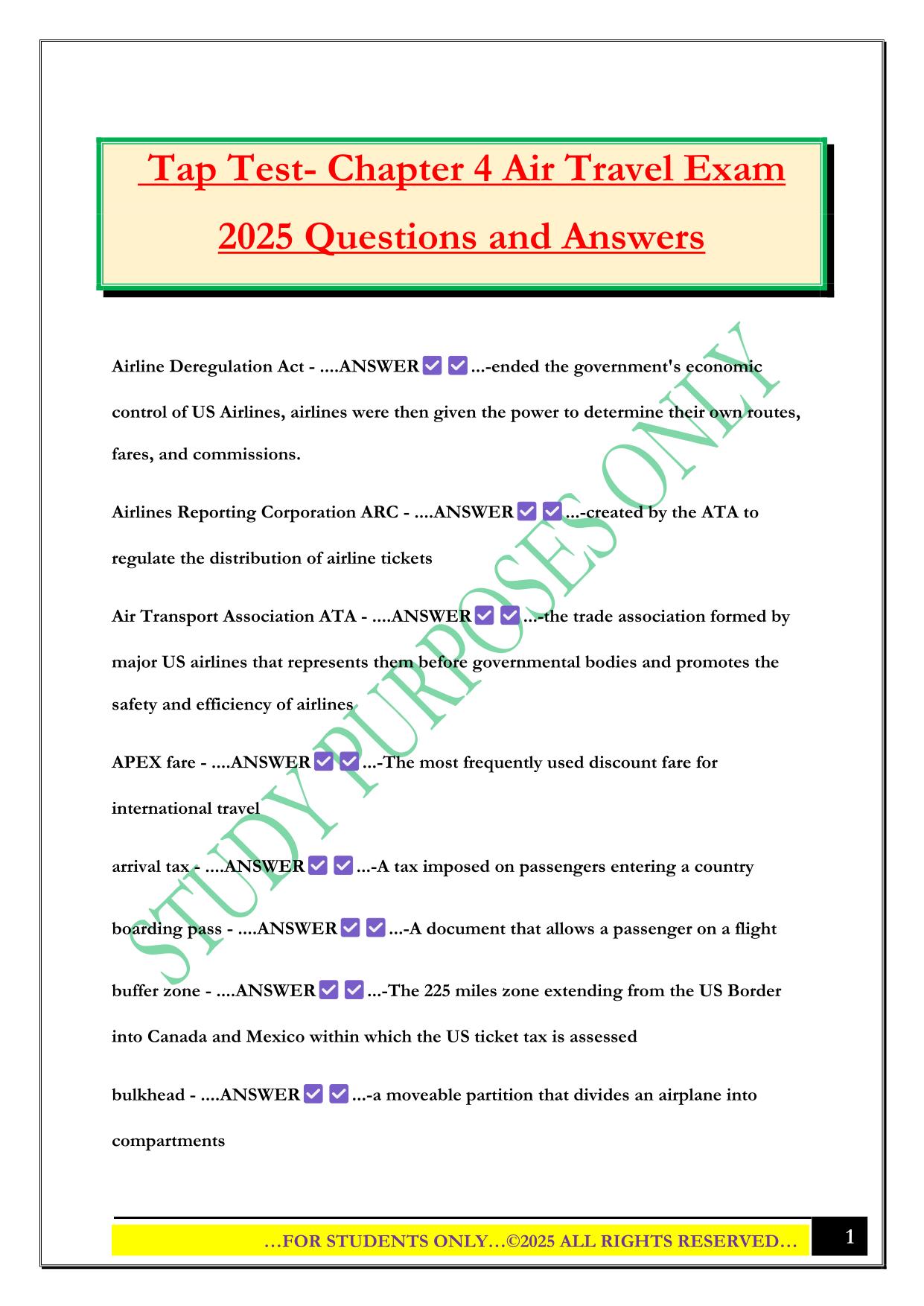 Tap Test- Chapter 4 Air Travel Exam 2025 Questions and Answers
