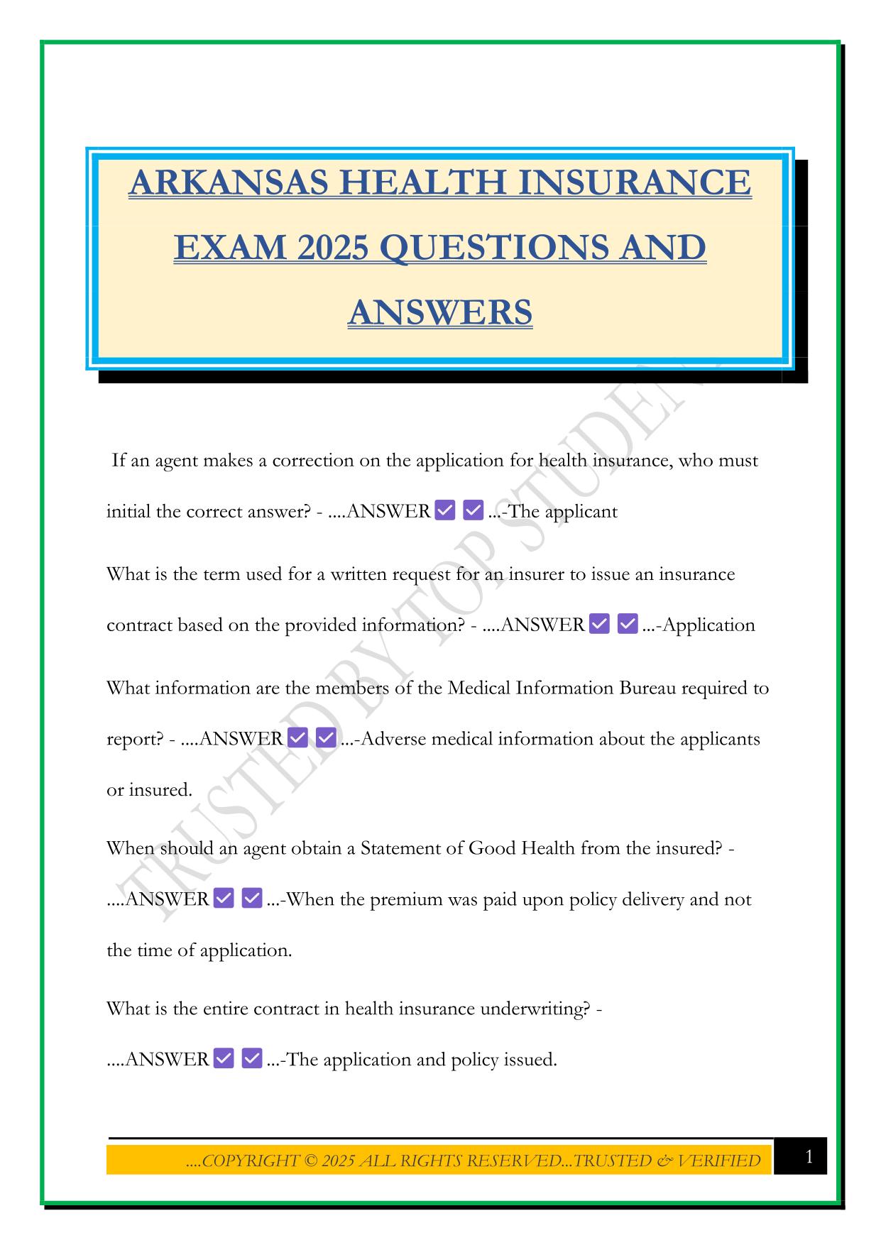 ARKANSAS HEALTH INSURANCE EXAM 2025 QUESTIONS AND ANSWERS