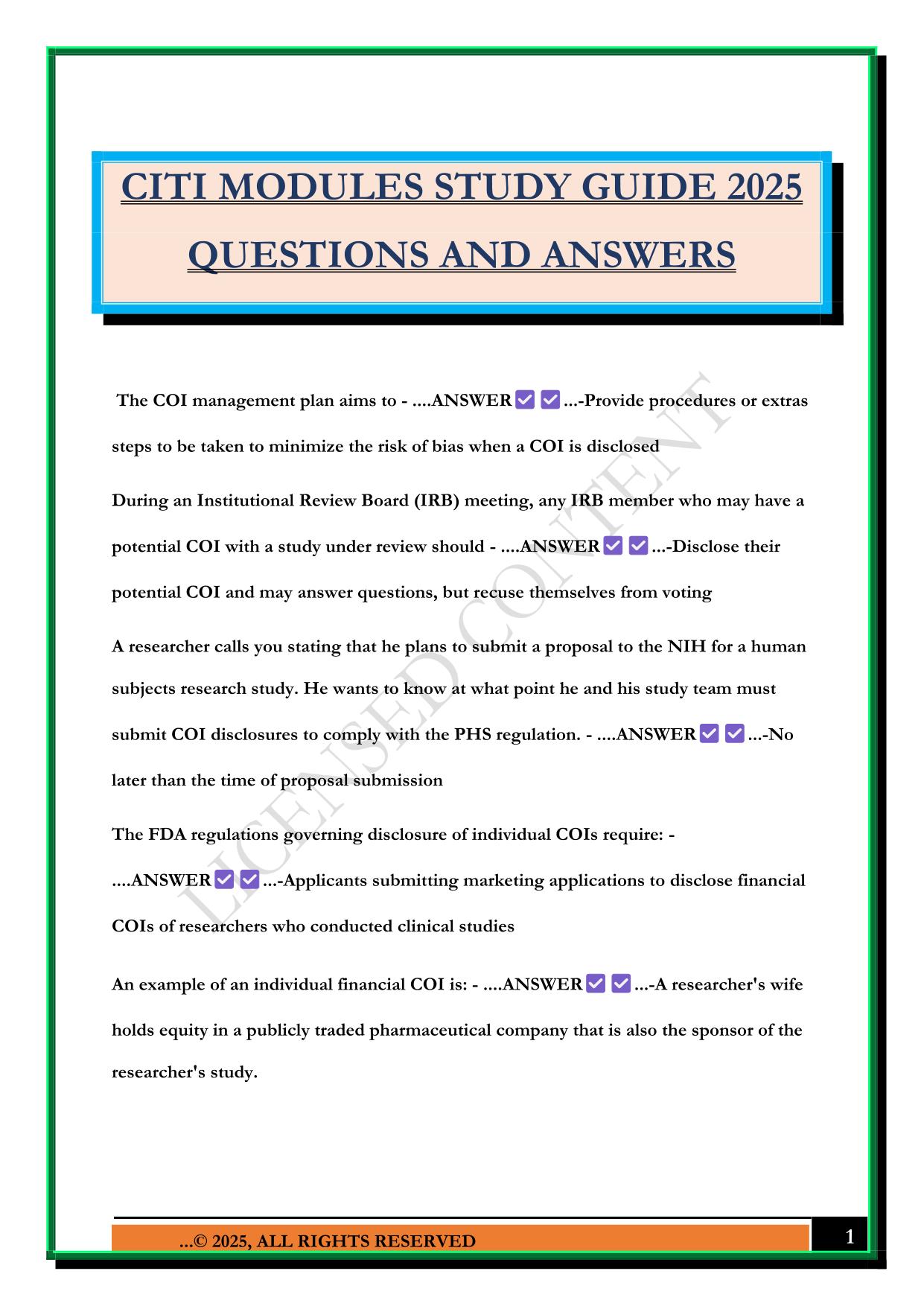 CITI MODULES STUDY GUIDE 2025 QUESTIONS AND ANSWERS
