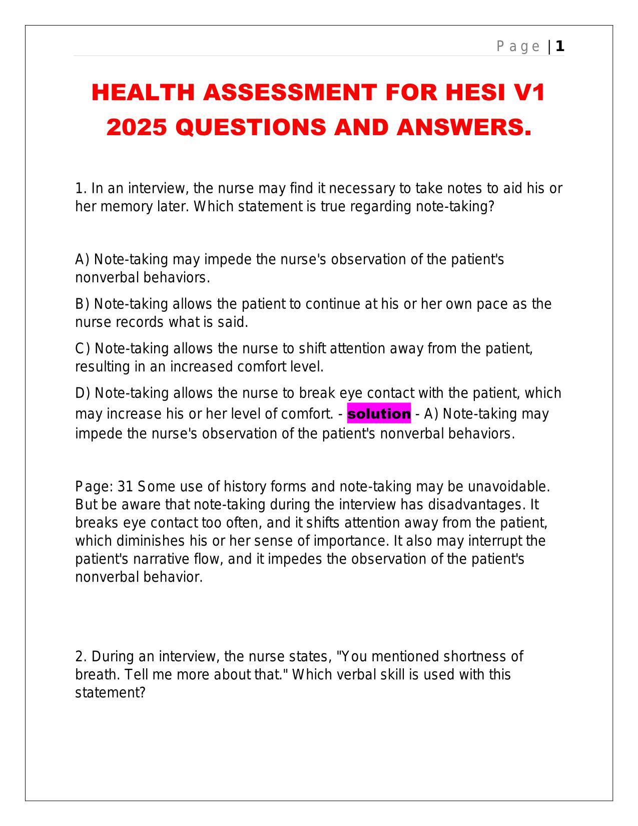 HEALTH ASSESSMENT FOR HESI V1 2025 QUESTIONS AND ANSWERS.