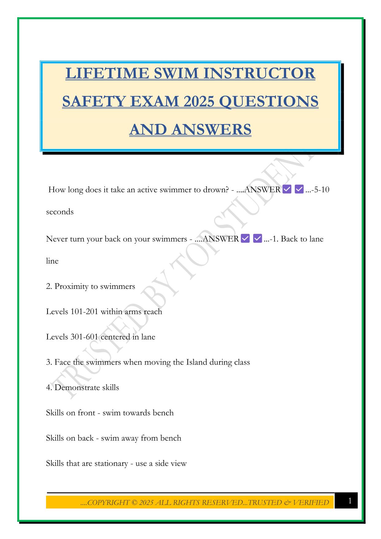 LIFETIME SWIM INSTRUCTOR SAFETY EXAM 2025 QUESTIONS AND ANSWERS