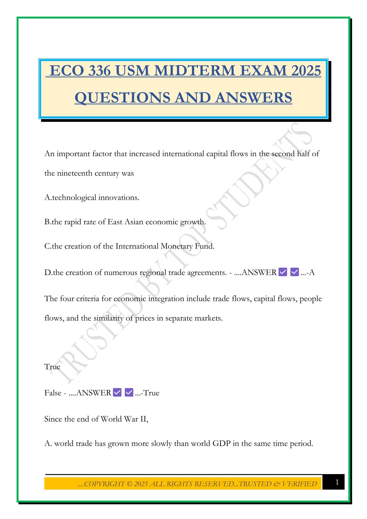 ECO 336 USM MIDTERM EXAM 2025 QUESTIONS AND ANSWERS