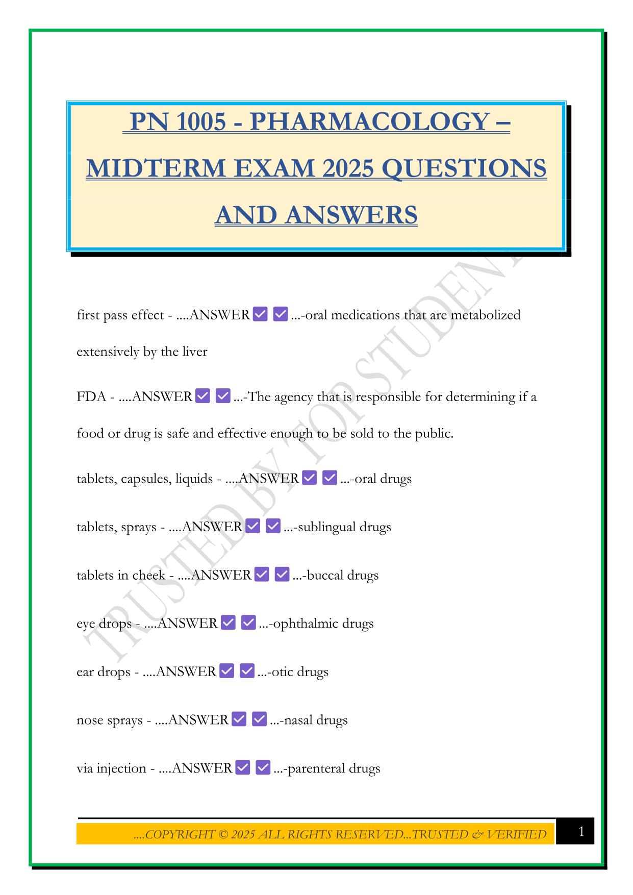 PN 1005 - PHARMACOLOGY – MIDTERM EXAM 2025 QUESTIONS AND ANSWERS