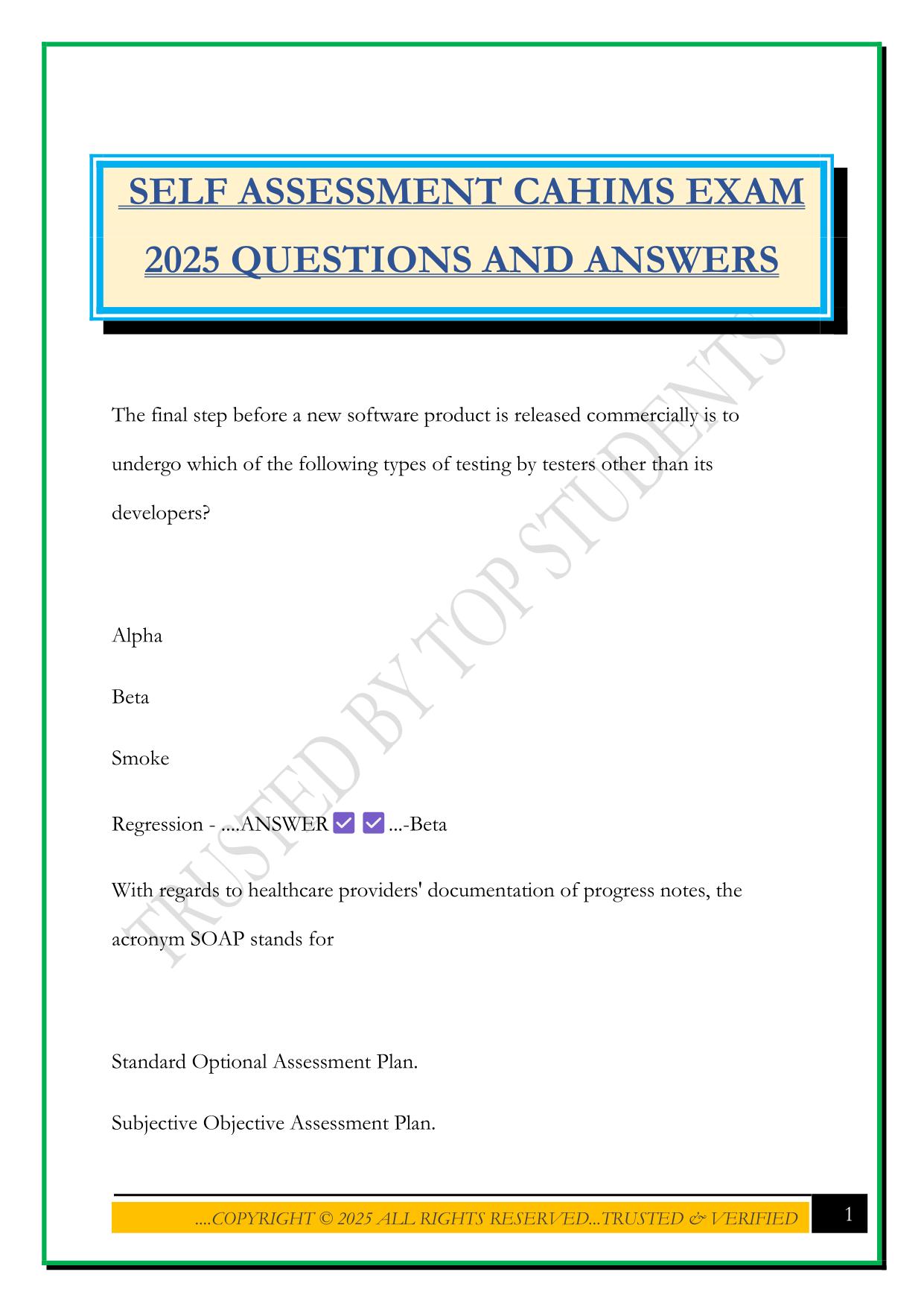 SELF ASSESSMENT CAHIMS EXAM 2025 QUESTIONS AND ANSWERS