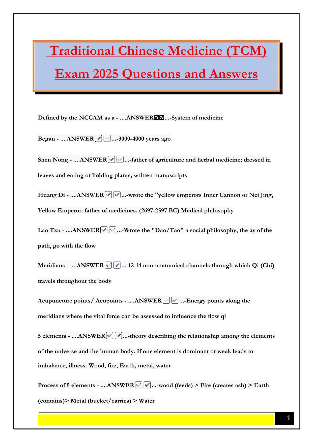Traditional Chinese Medicine (TCM) Exam 2025 Questions and Answers