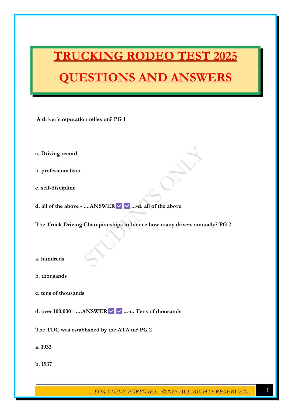 TRUCKING RODEO TEST 2025 QUESTIONS AND ANSWERS
