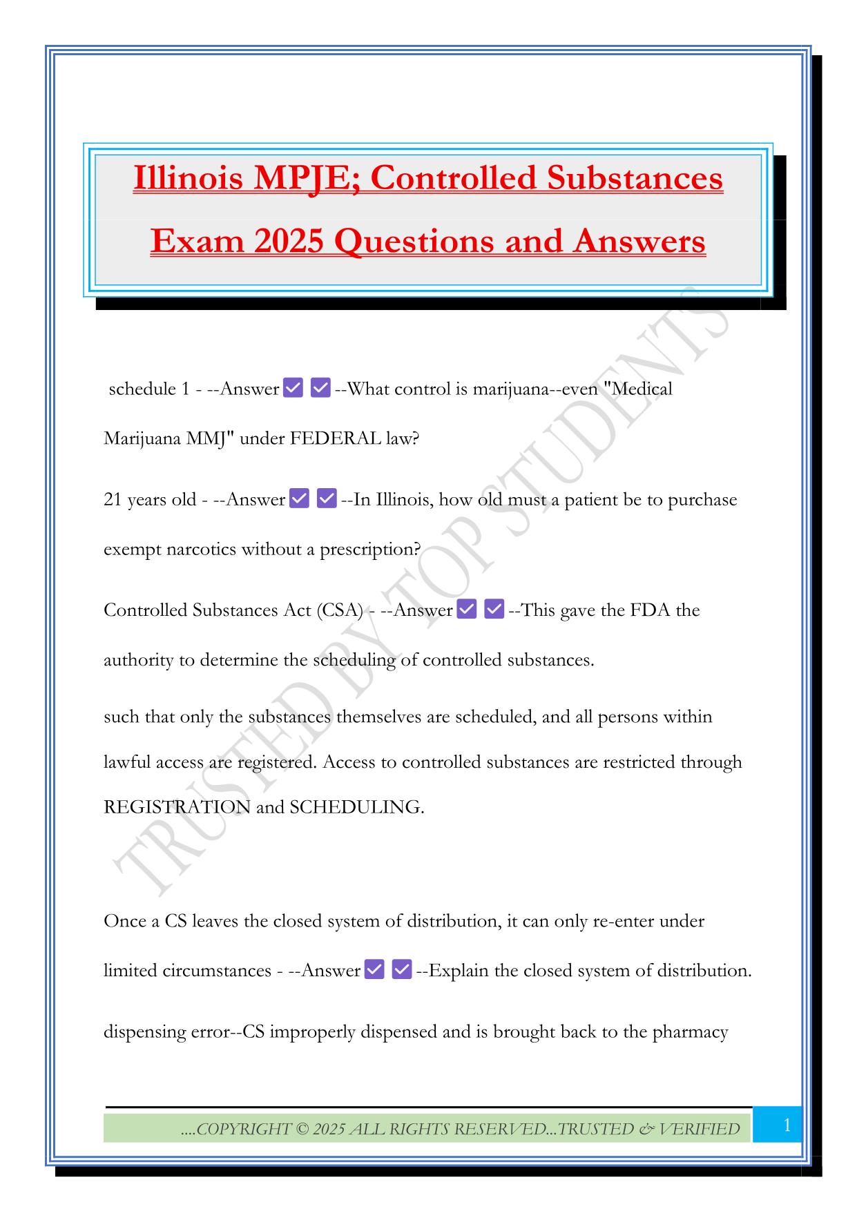 Illinois MPJE; Controlled Substances Exam 2025 Questions and Answers