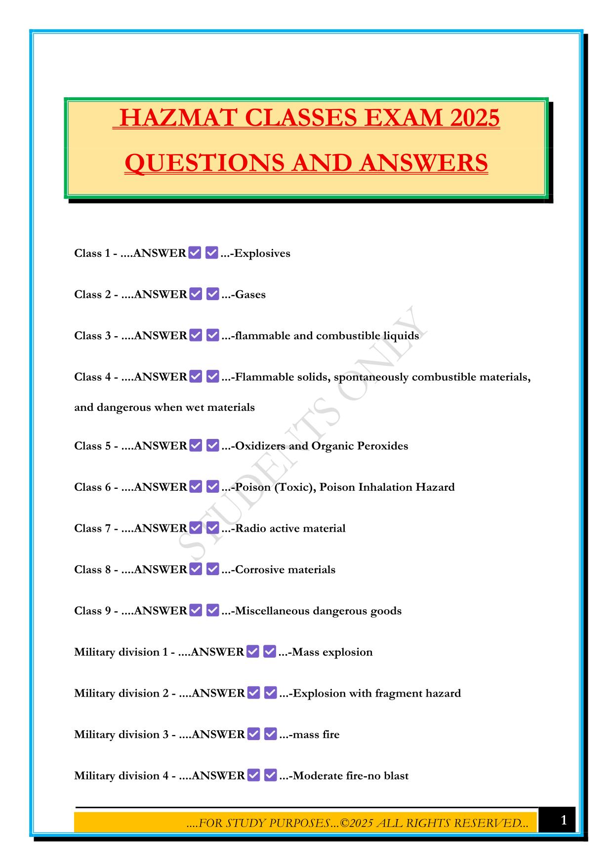 HAZMAT CLASSES EXAM 2025 QUESTIONS AND ANSWERS