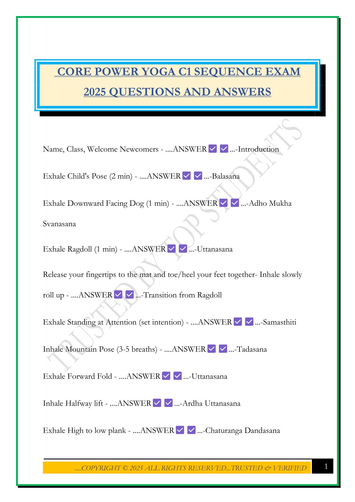 CORE POWER YOGA C1 SEQUENCE EXAM 2025 QUESTIONS AND ANSWERS