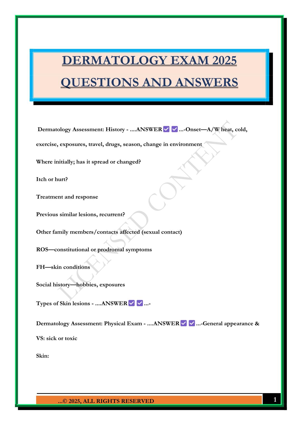 DERMATOLOGY EXAM 2025 QUESTIONS AND ANSWERS