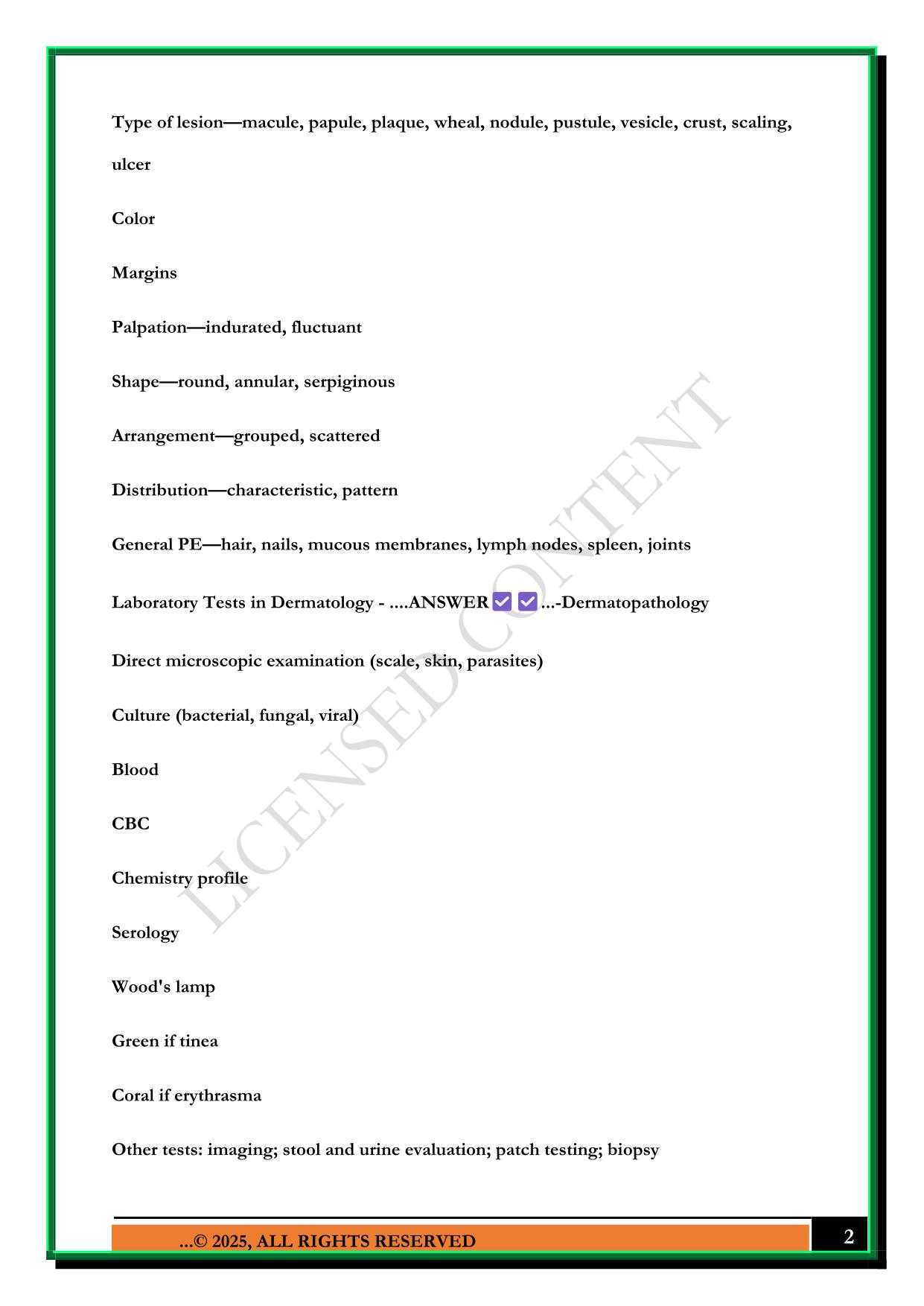 DERMATOLOGY EXAM 2025 QUESTIONS AND ANSWERS