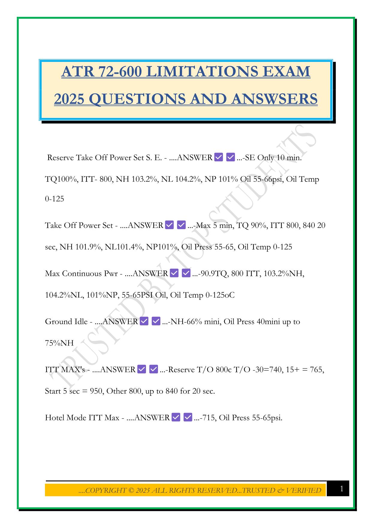 ATR 72-600 LIMITATIONS EXAM 2025 QUESTIONS AND ANSWSERS