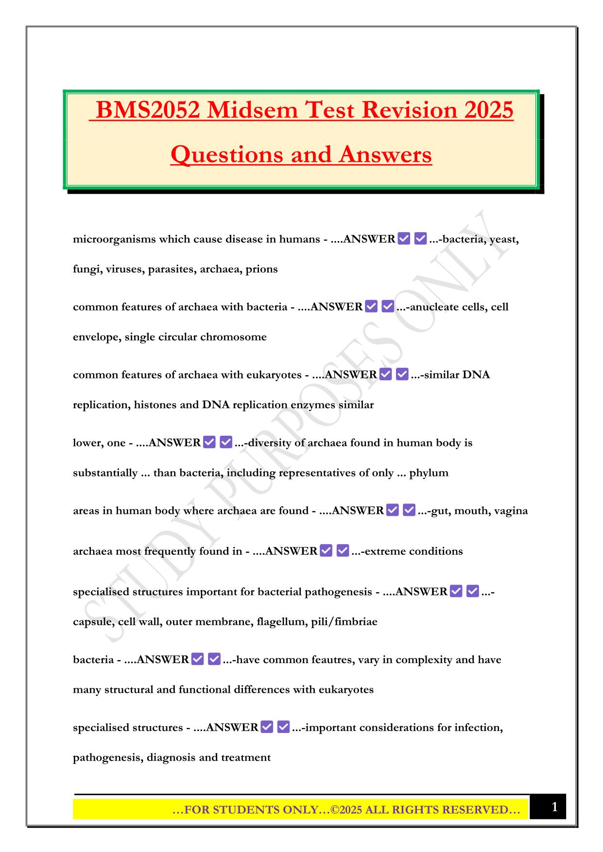 BMS2052 Midsem Test Revision 2025 Questions and Answers