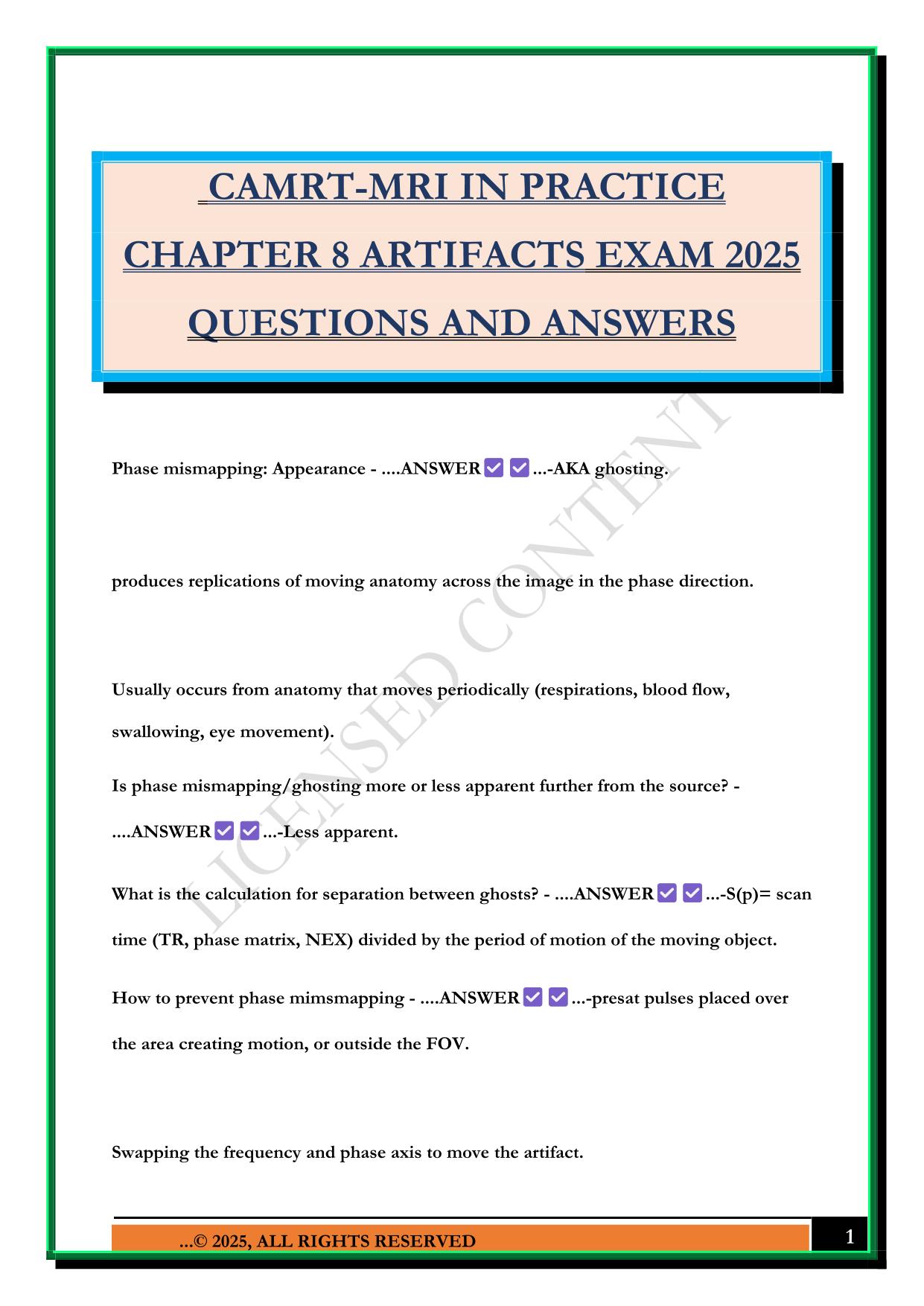 CAMRT-MRI IN PRACTICE CHAPTER 8 ARTIFACTS EXAM 2025 QUESTIONS AND ANSWERS