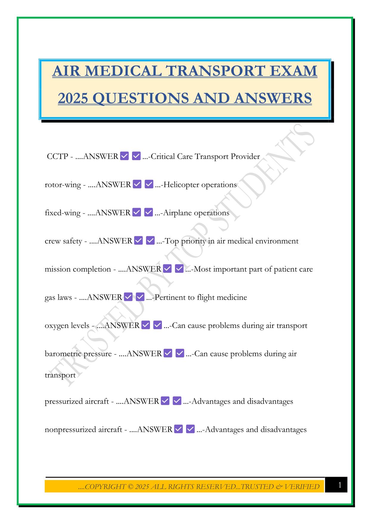 AIR MEDICAL TRANSPORT EXAM 2025 QUESTIONS AND ANSWERS