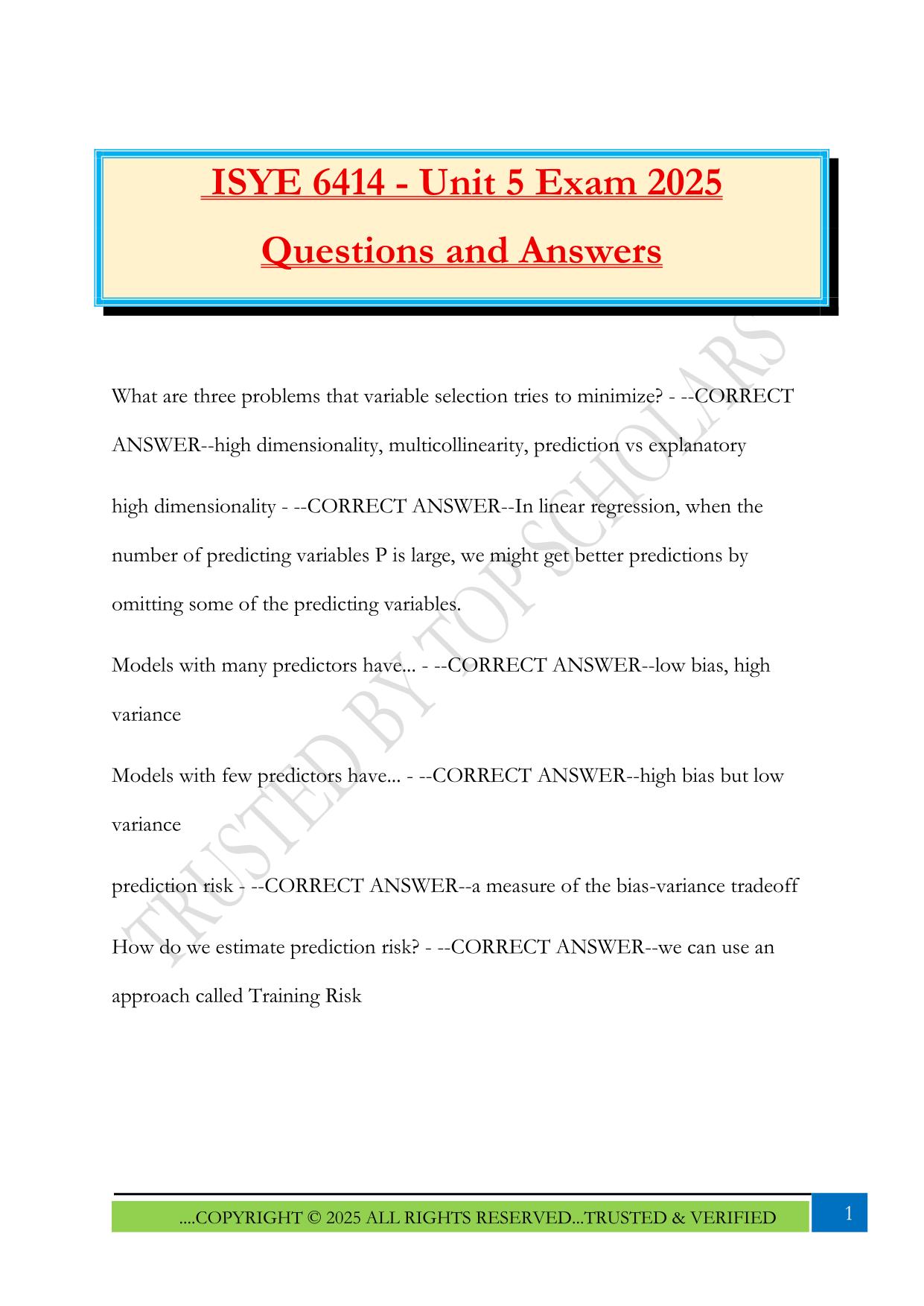 ISYE 6414 - Unit 5 Exam 2025 Questions and Answers
