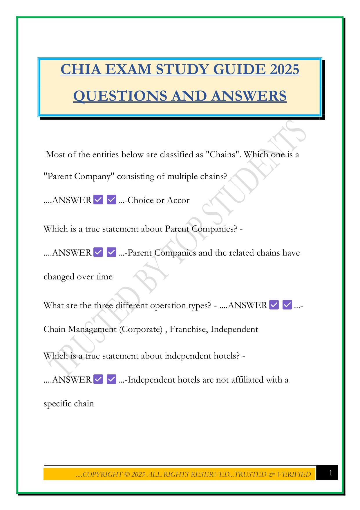 CHIA EXAM STUDY GUIDE 2025 QUESTIONS AND ANSWERS