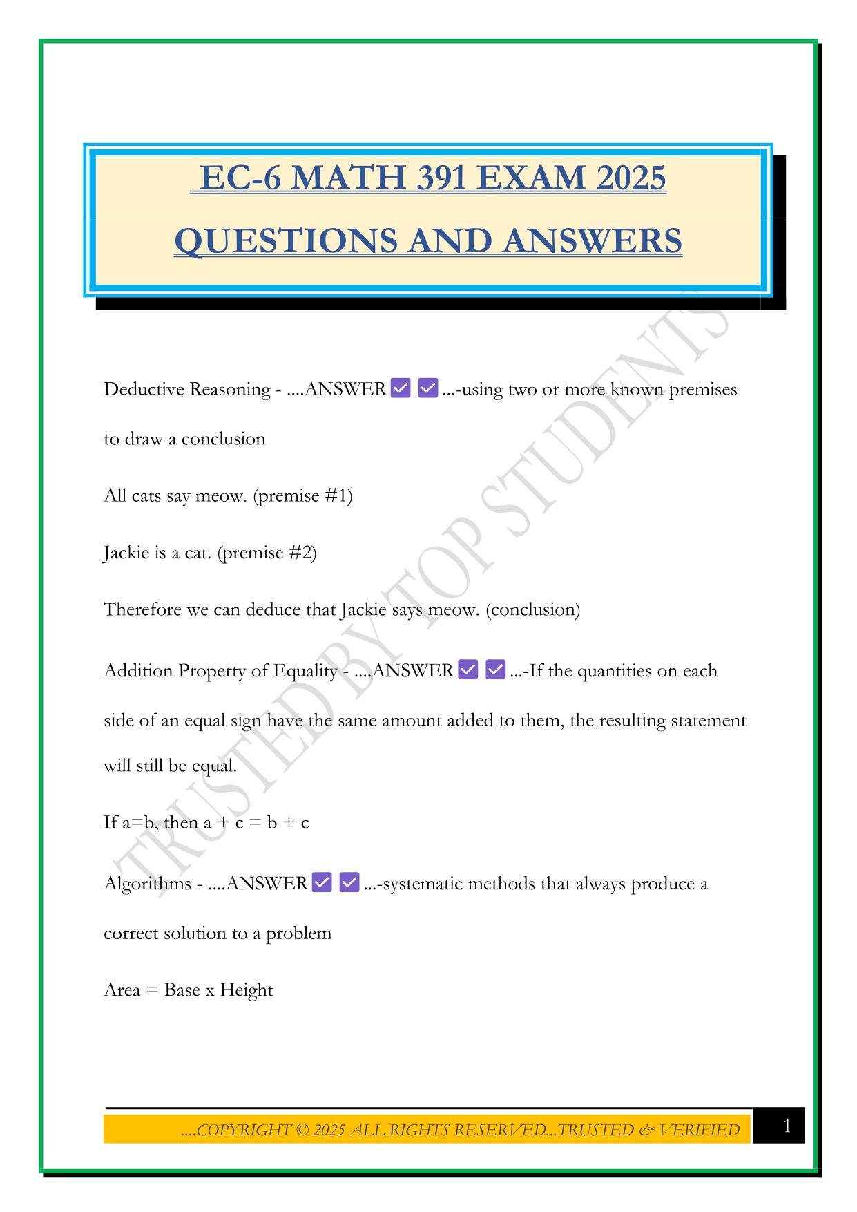 EC-6 MATH 391 EXAM 2025 QUESTIONS AND ANSWERS
