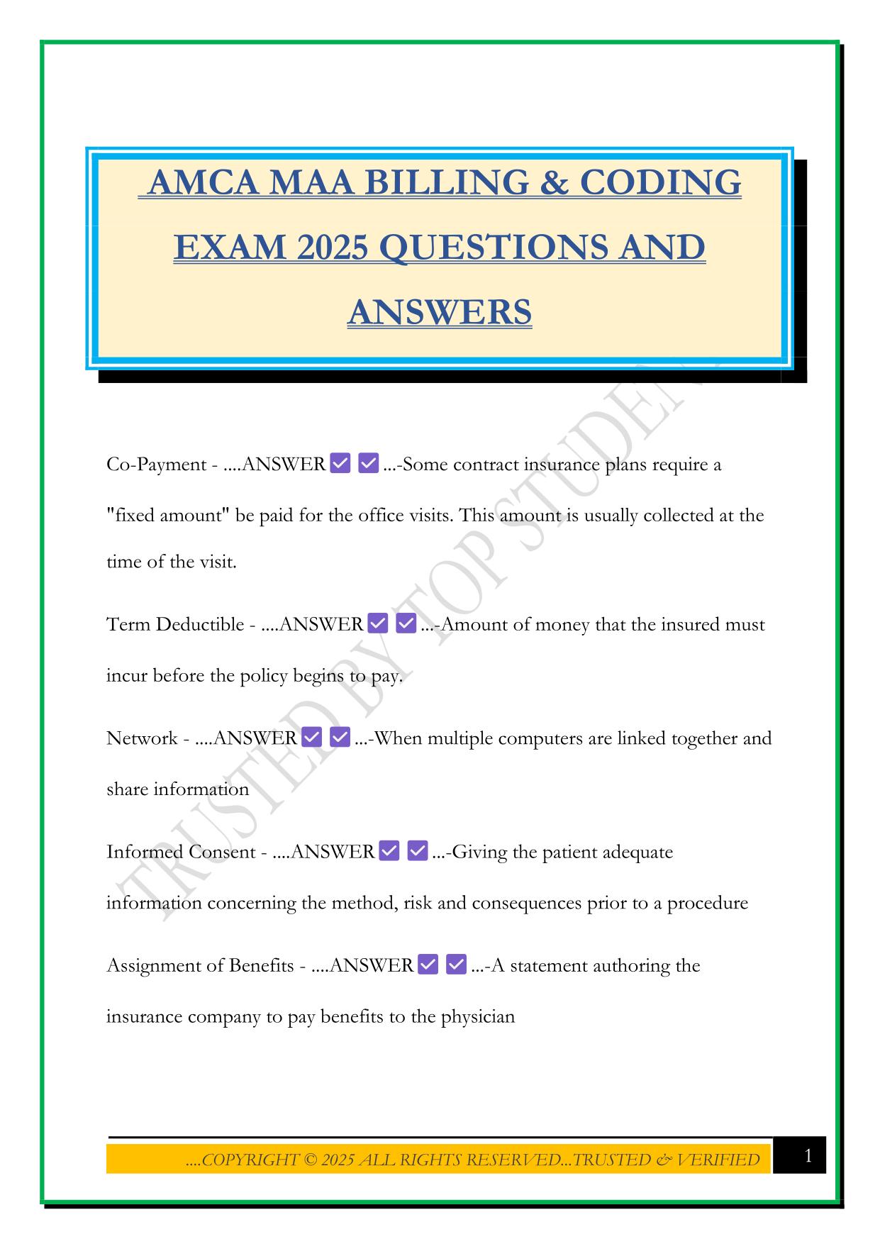 AMCA MAA BILLING & CODING EXAM 2025 QUESTIONS AND ANSWERS