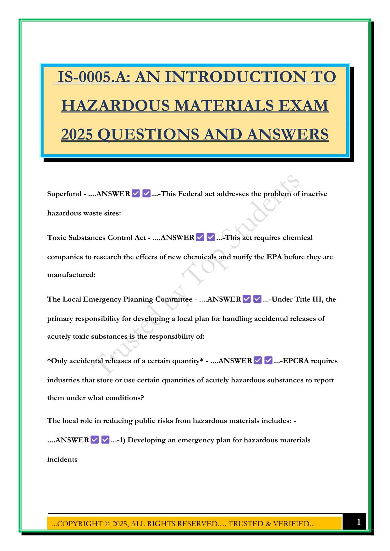 IS-0005.A: AN INTRODUCTION TO HAZARDOUS MATERIALS EXAM 2025 QUESTIONS AND ANSWERS