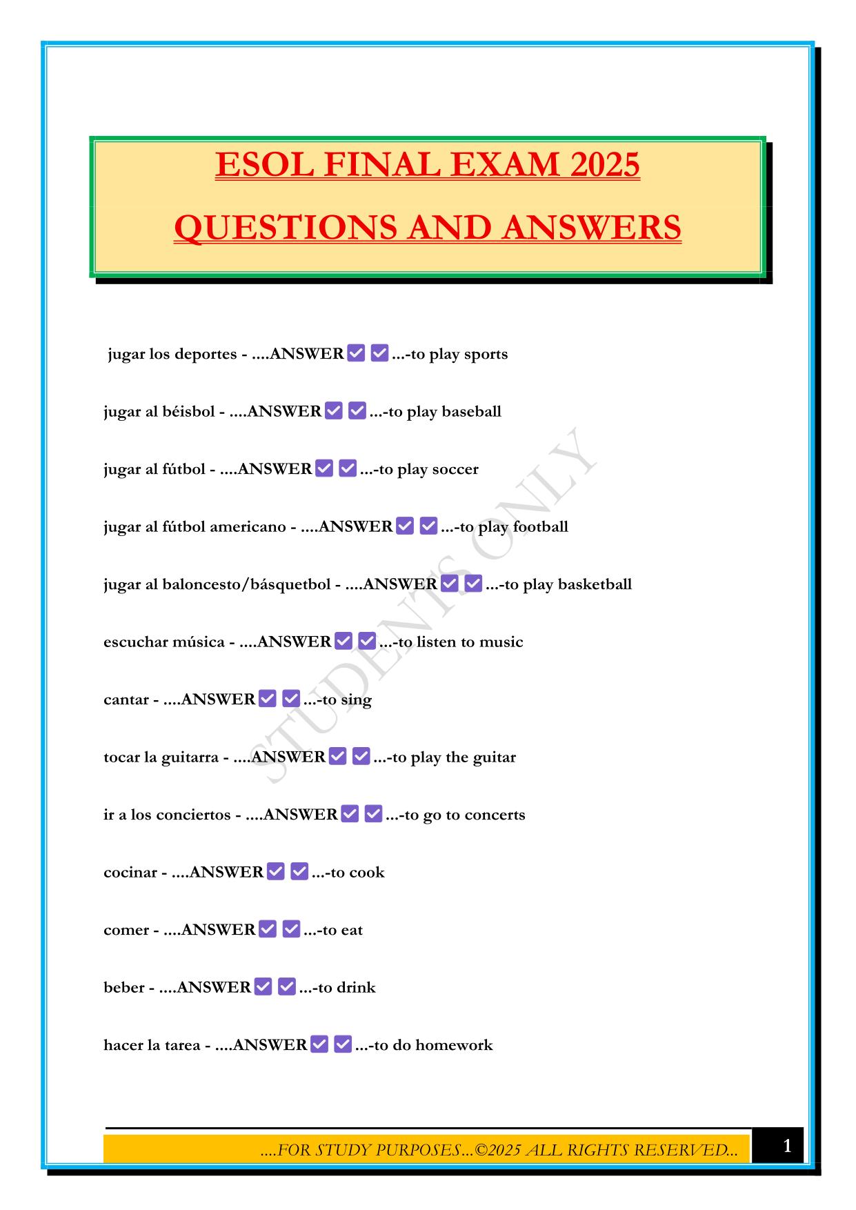 ESOL FINAL EXAM 2025 QUESTIONS AND ANSWERS