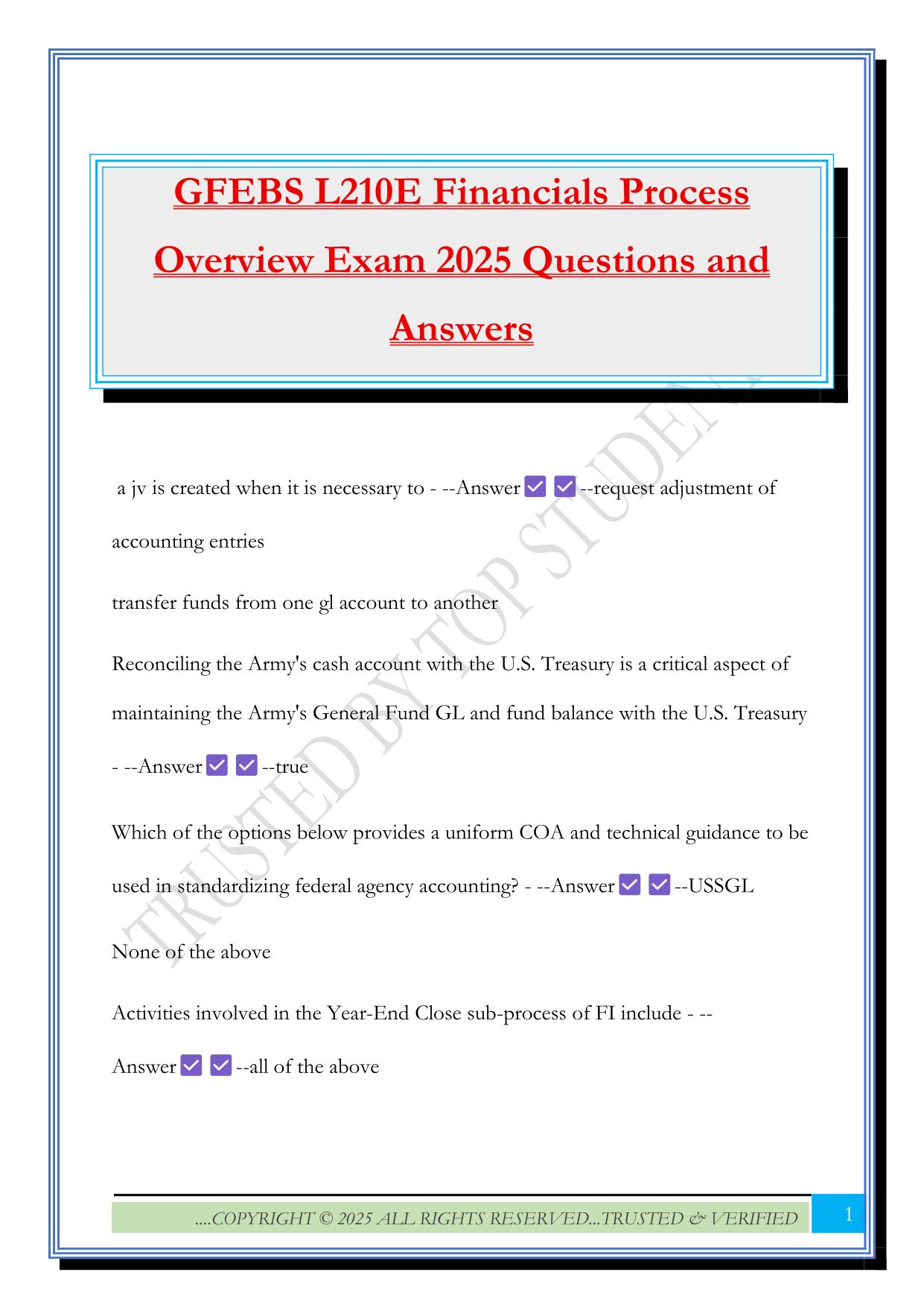 GFEBS L210E Financials Process Overview Exam 2025 Questions and Answers