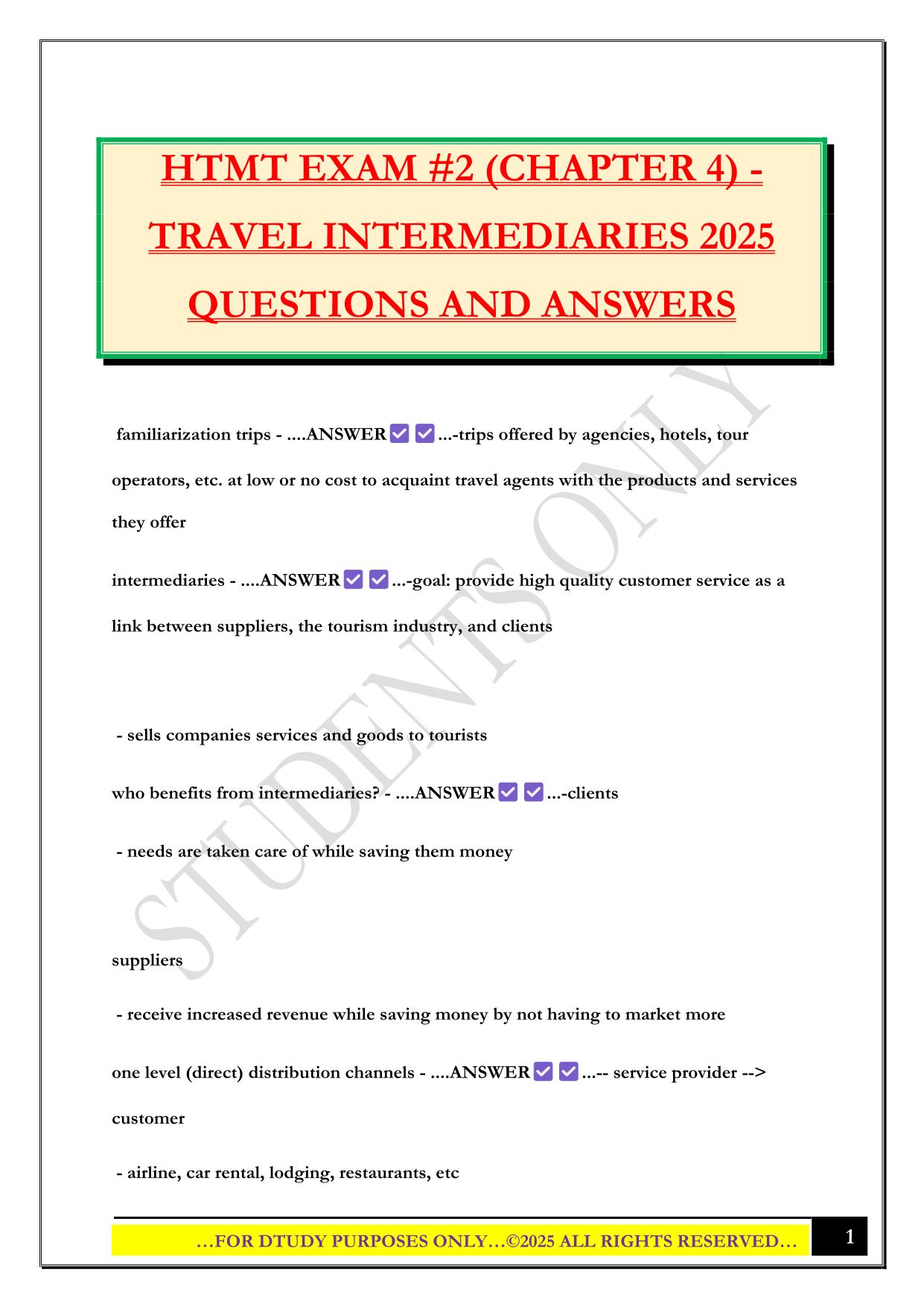 HTMT EXAM #2 (CHAPTER 4) - TRAVEL INTERMEDIARIES 2025 QUESTIONS AND ANSWERS