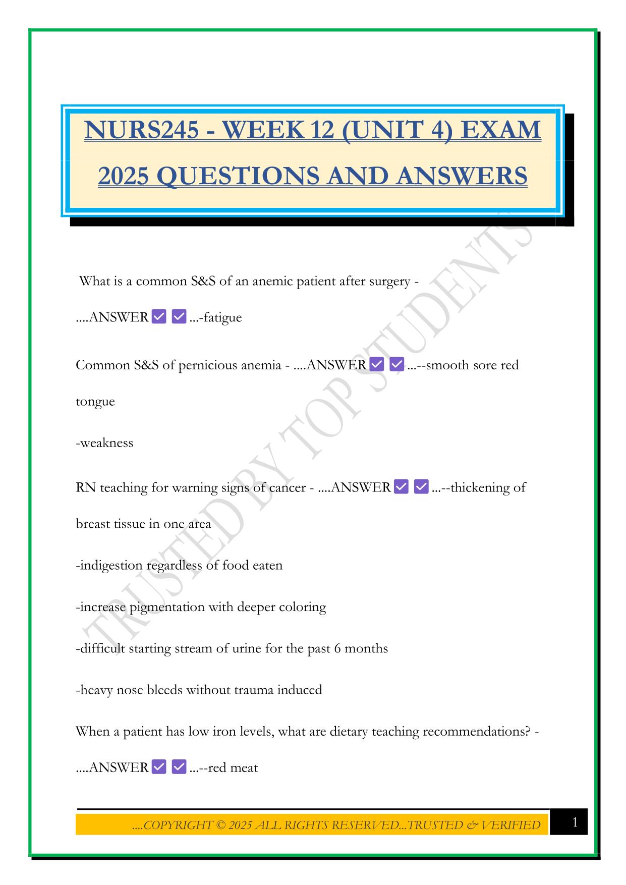 NURS245 - WEEK 12 (UNIT 4) EXAM 2025 QUESTIONS AND ANSWERS