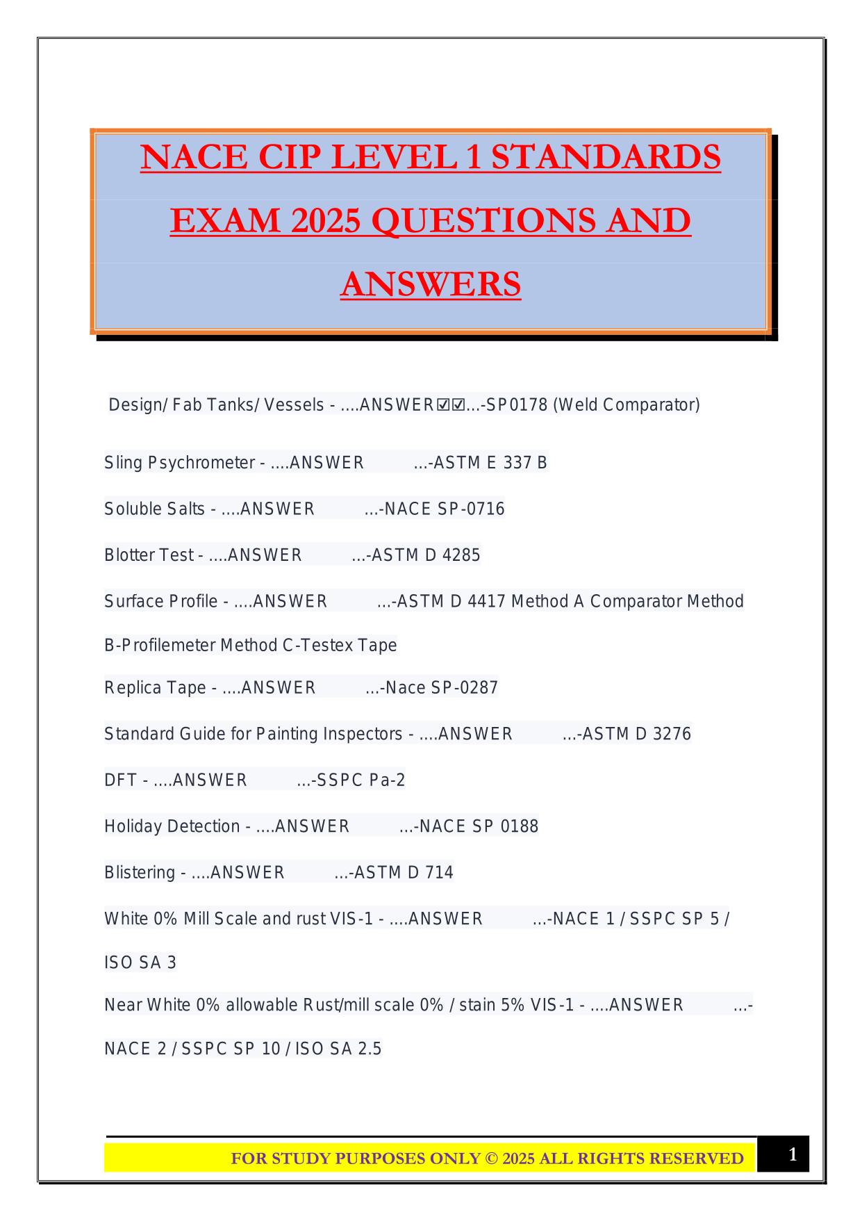 NACE CIP LEVEL 1 STANDARDS EXAM 2025 QUESTIONS AND ANSWERS