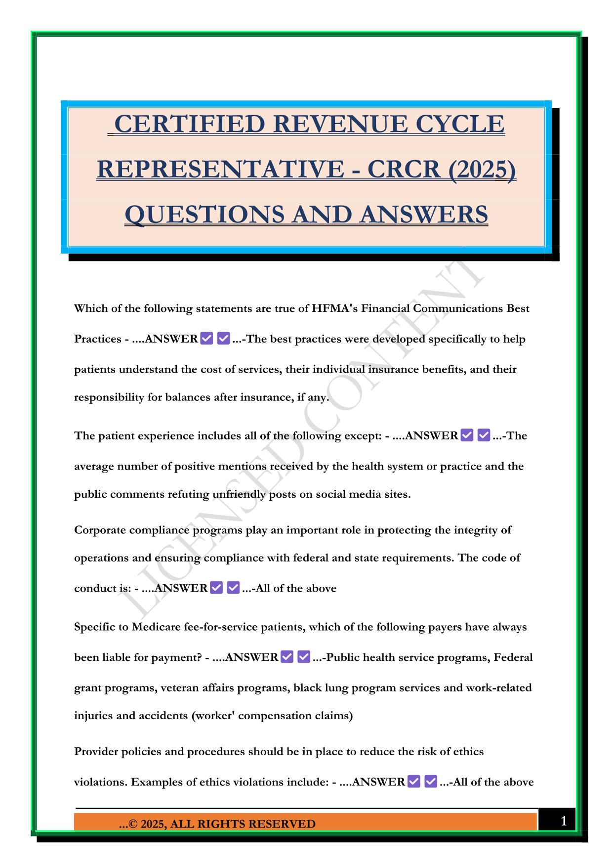 CERTIFIED REVENUE CYCLE REPRESENTATIVE - CRCR (2025) QUESTIONS AND ANSWERS