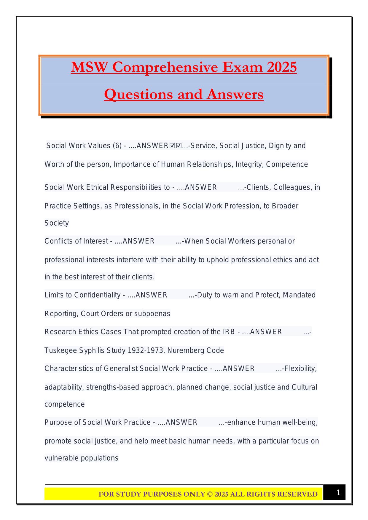 MSW Comprehensive Exam 2025 Questions and Answers