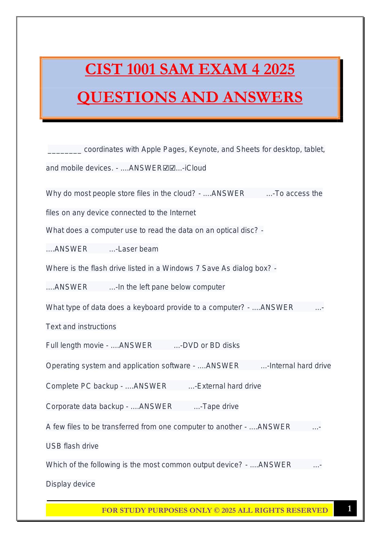 CIST 1001 SAM EXAM 4 2025 QUESTIONS AND ANSWERS
