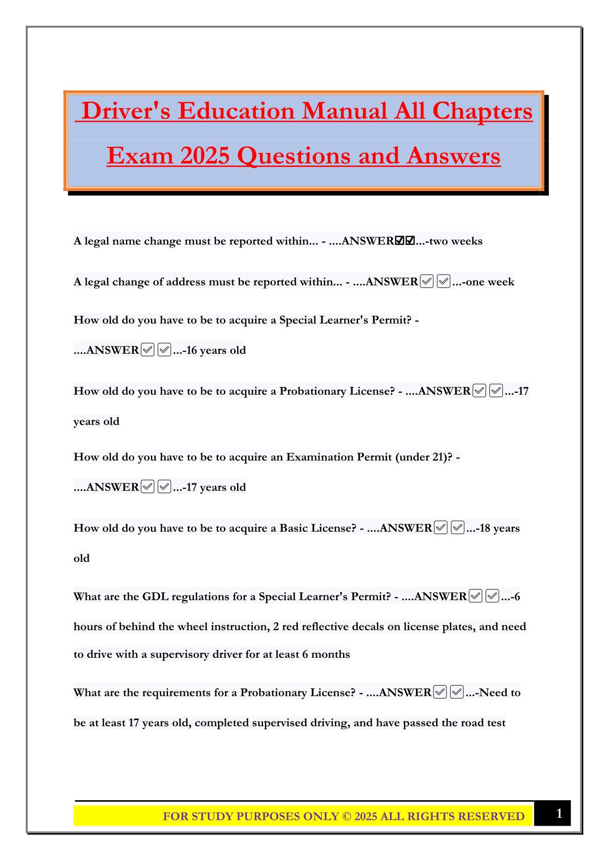 Driver's Education Manual All Chapters Exam 2025 Questions and Answers