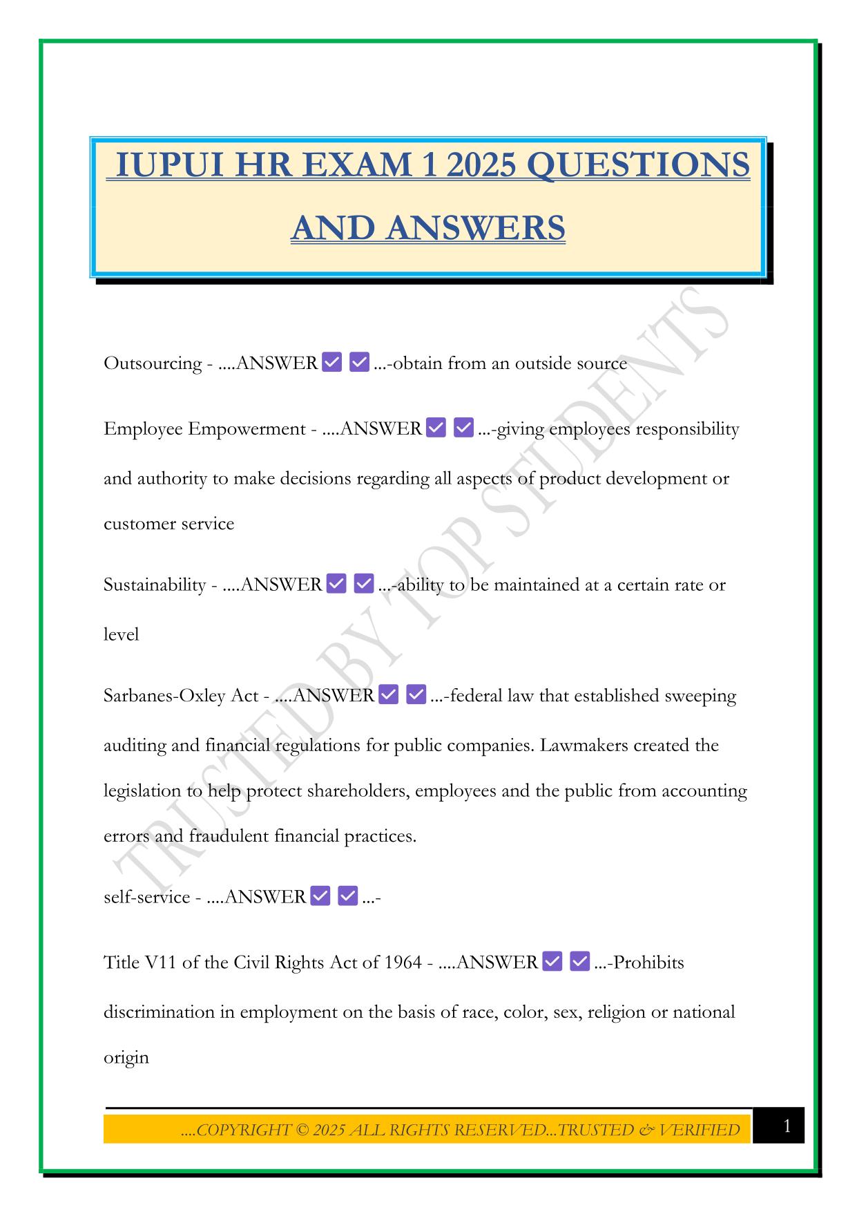 IUPUI HR EXAM 1 2025 QUESTIONS AND ANSWERS
