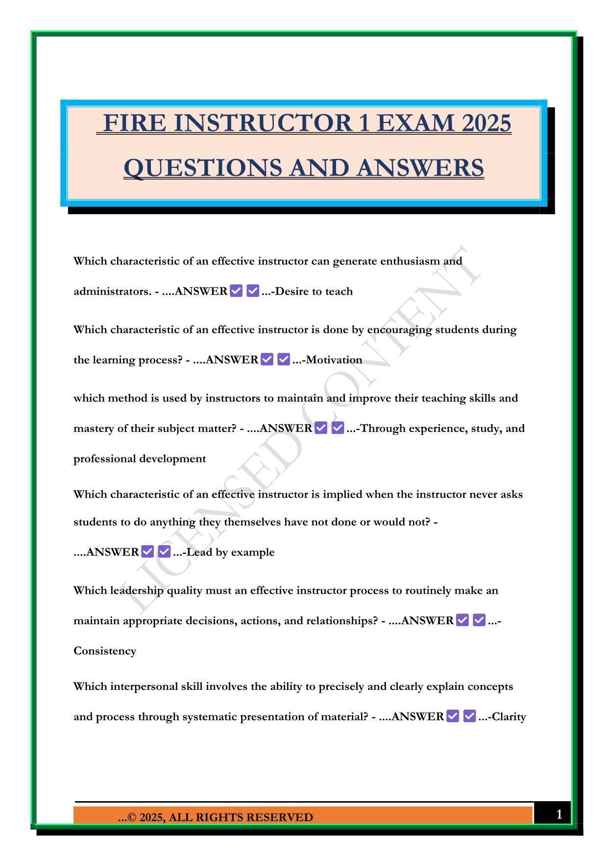 FIRE INSTRUCTOR 1 EXAM 2025 QUESTIONS AND ANSWERS