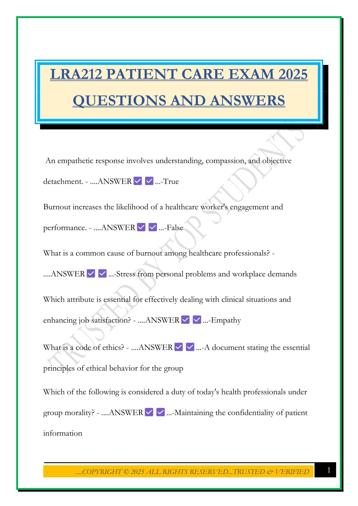 LRA212 PATIENT CARE EXAM 2025 QUESTIONS AND ANSWERS