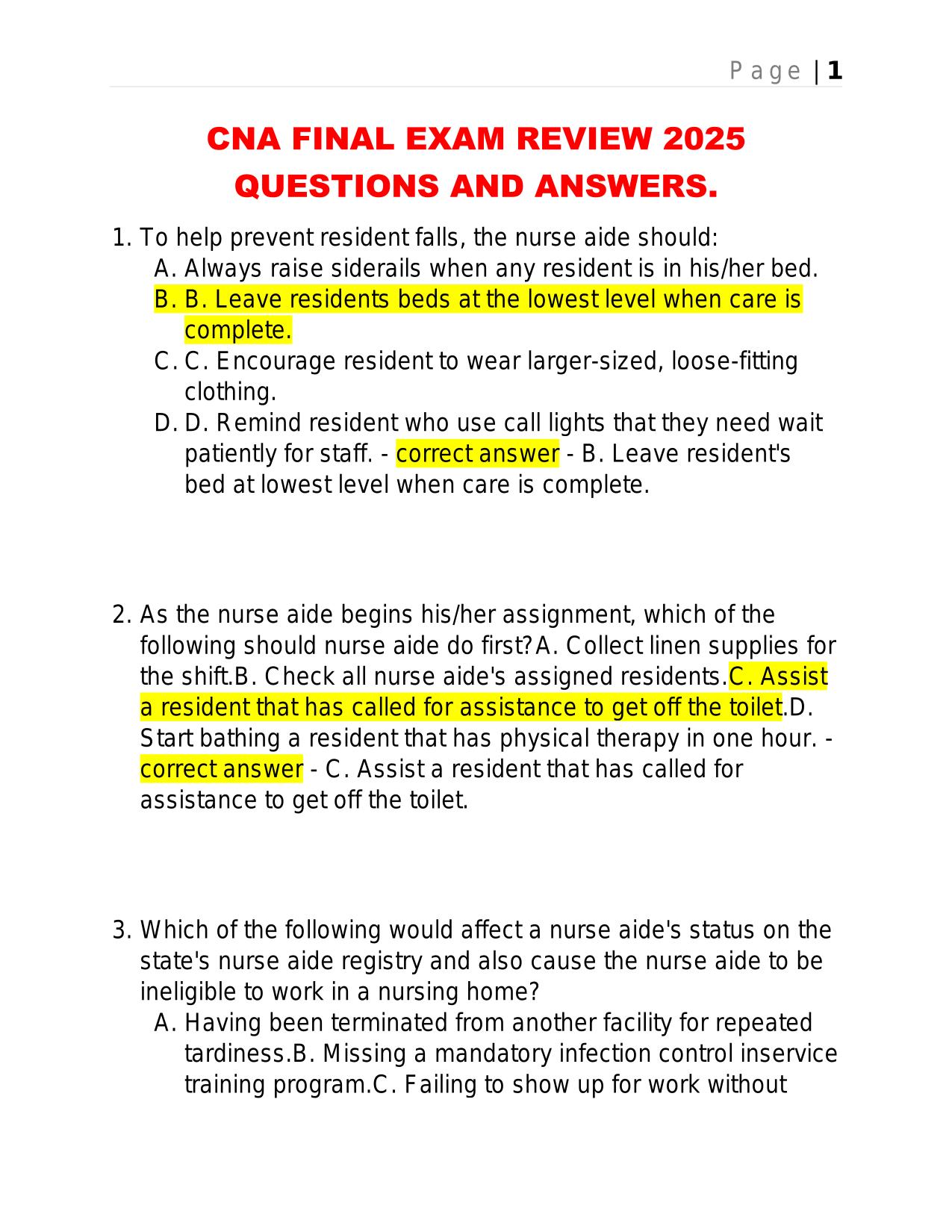 CNA FINAL EXAM REVIEW 2025 QUESTIONS AND ANSWERS.