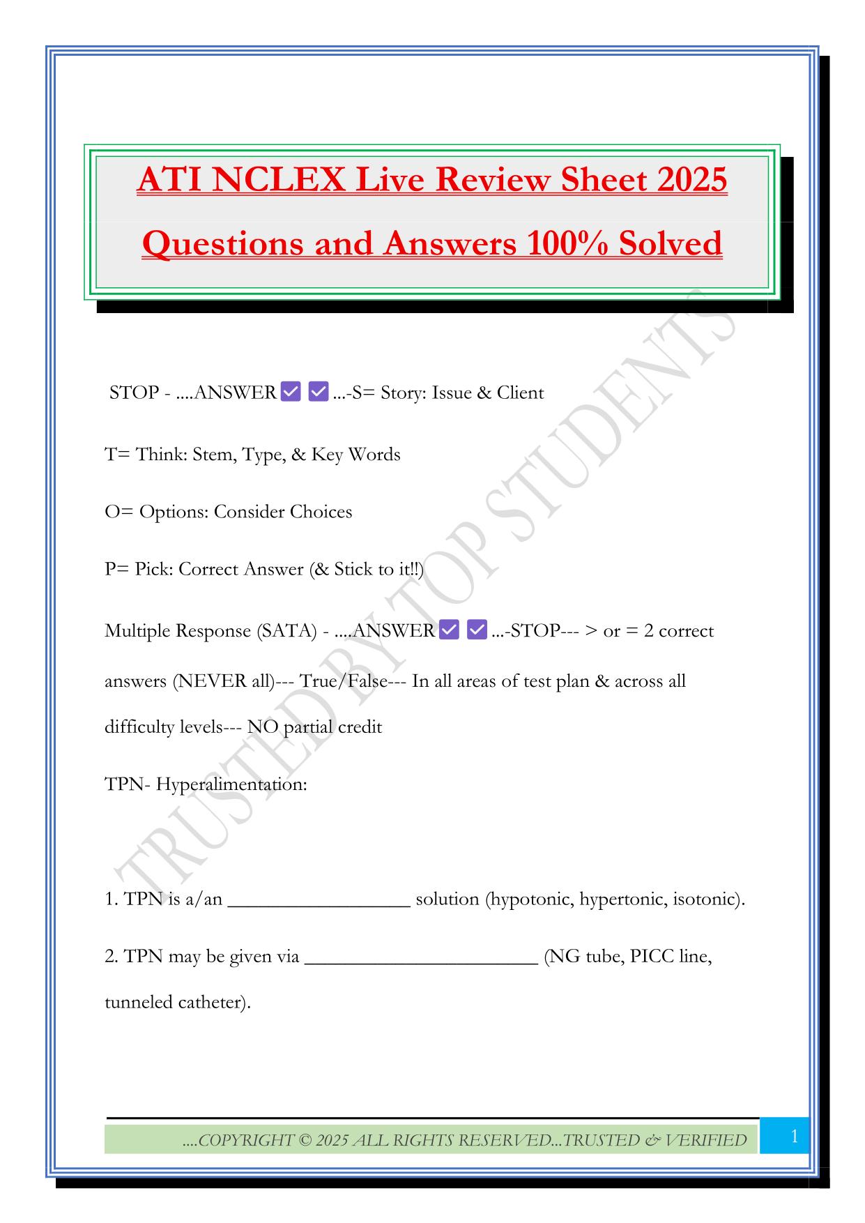 ATI NCLEX Live Review Sheet 2025 Questions and Answers 100% Solved
