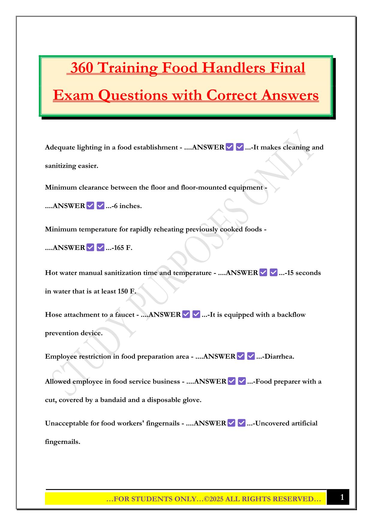 360 Training Food Handlers Final Exam Questions with Correct Answers
