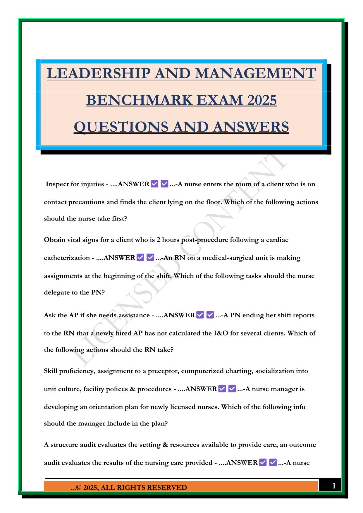 LEADERSHIP AND MANAGEMENT BENCHMARK EXAM 2025 QUESTIONS AND ANSWERS