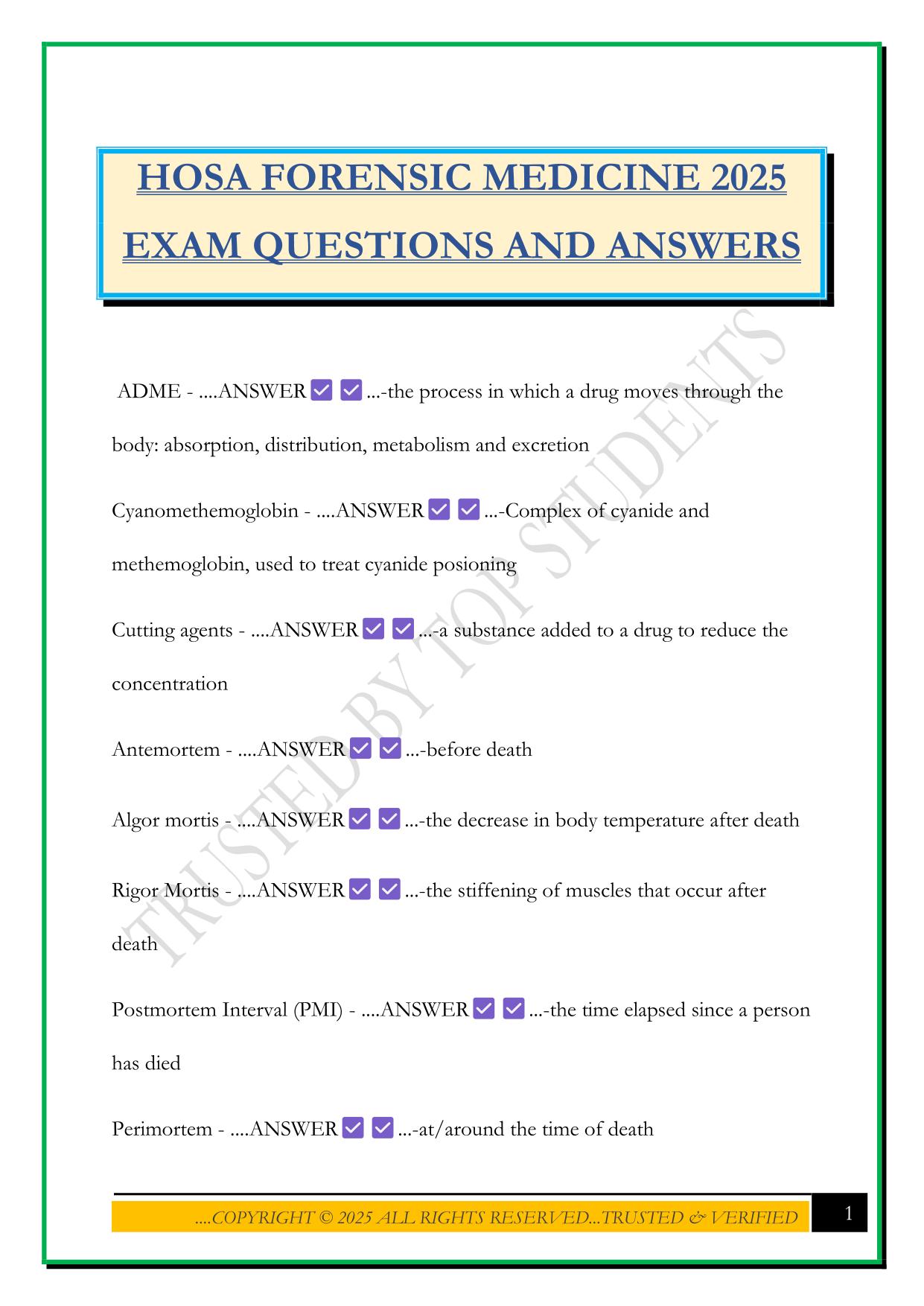 HOSA FORENSIC MEDICINE 2025 EXAM QUESTIONS AND ANSWERS