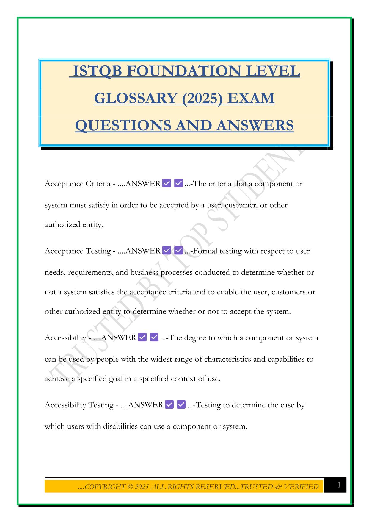ISTQB FOUNDATION LEVEL GLOSSARY (2025) EXAM QUESTIONS AND ANSWERS