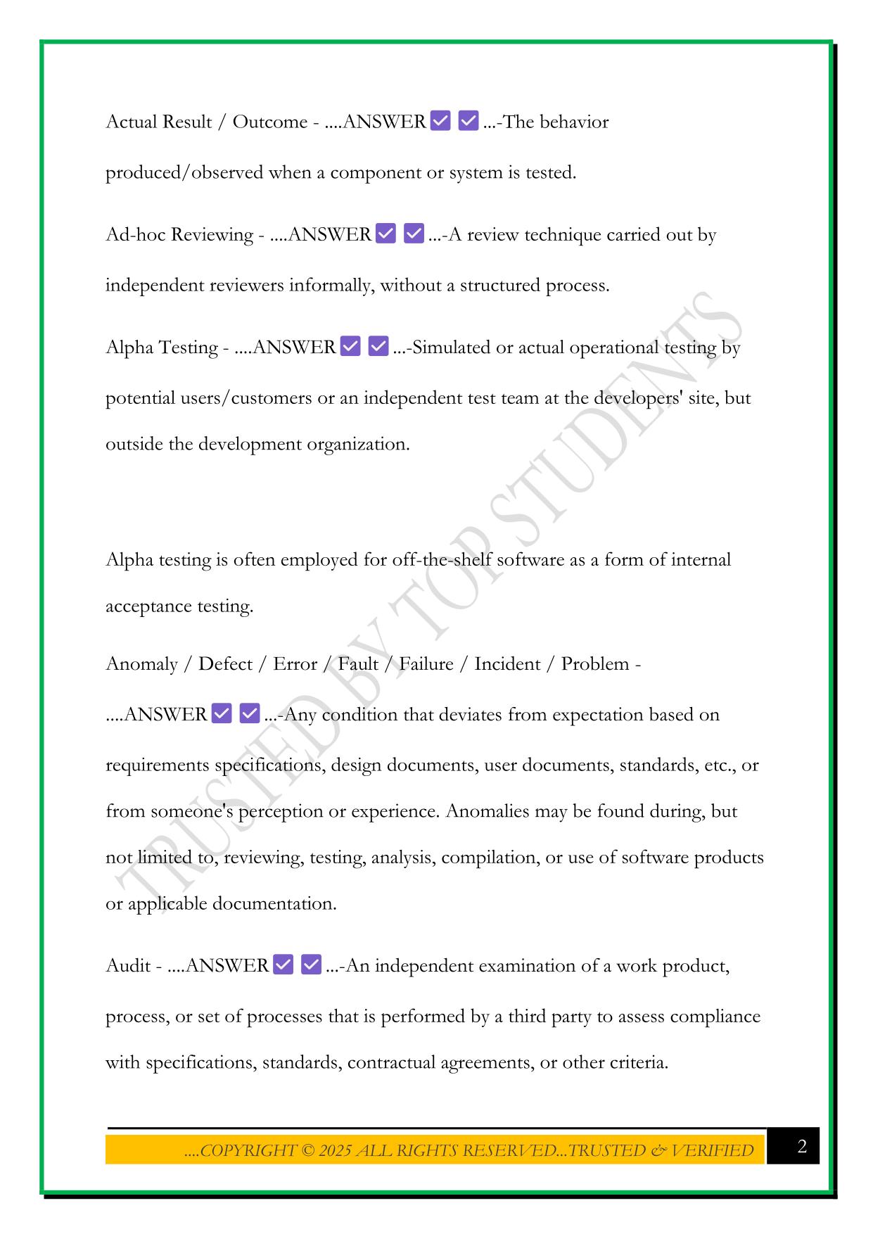 ISTQB FOUNDATION LEVEL GLOSSARY (2025) EXAM QUESTIONS AND ANSWERS